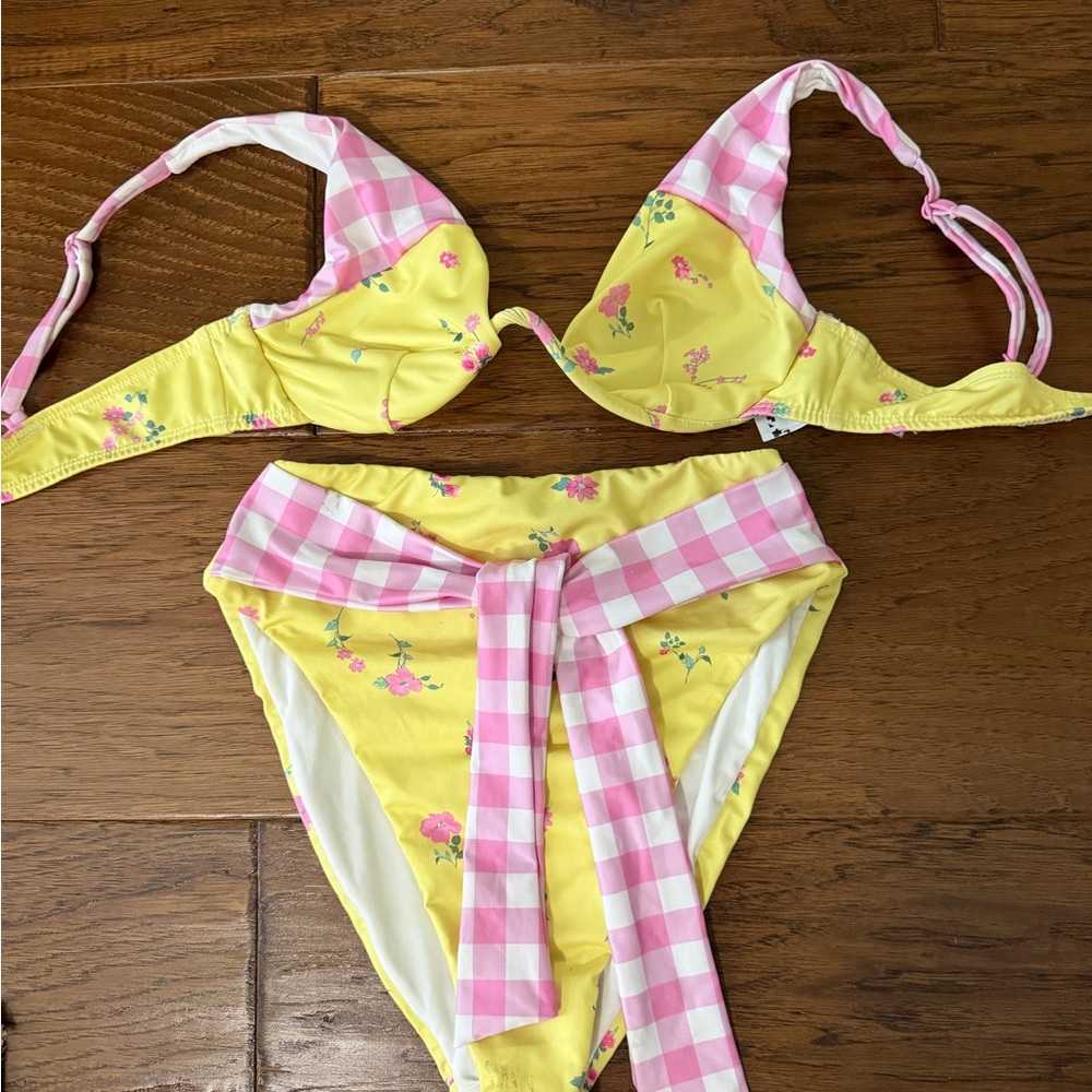 ASOS Yellow & Pink Floral Gingham Tie Bikini